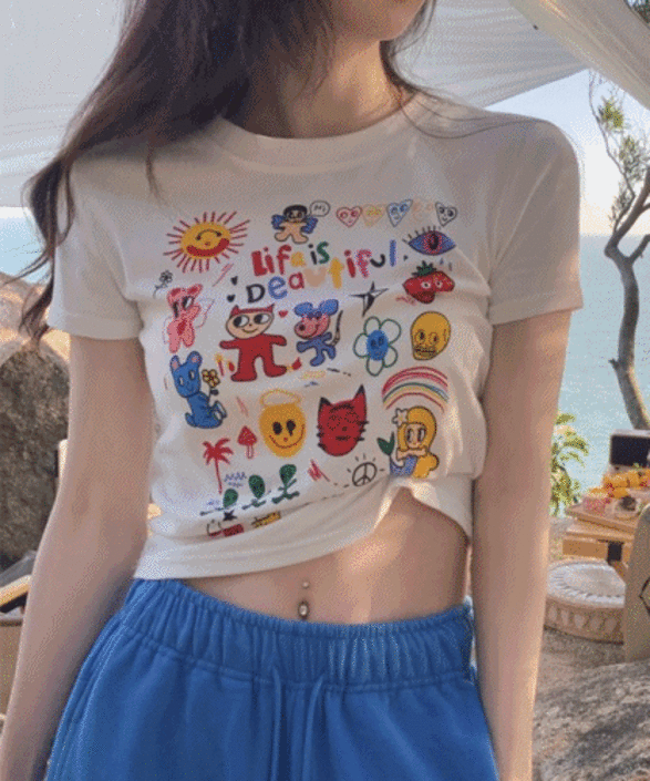 [쫀쫀/하이틴] 귀여운 캐릭터 프린팅 크롭 반팔 티셔츠