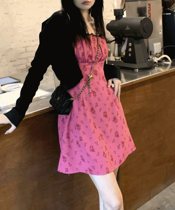 [러블리] 핑크 꽃무늬 슬링 뷔스티에 나시 원피스