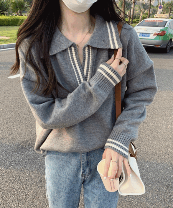 [캐주얼룩] 너무 예쁜 와이드핏 V넥 카라 배색 골지 스웨터