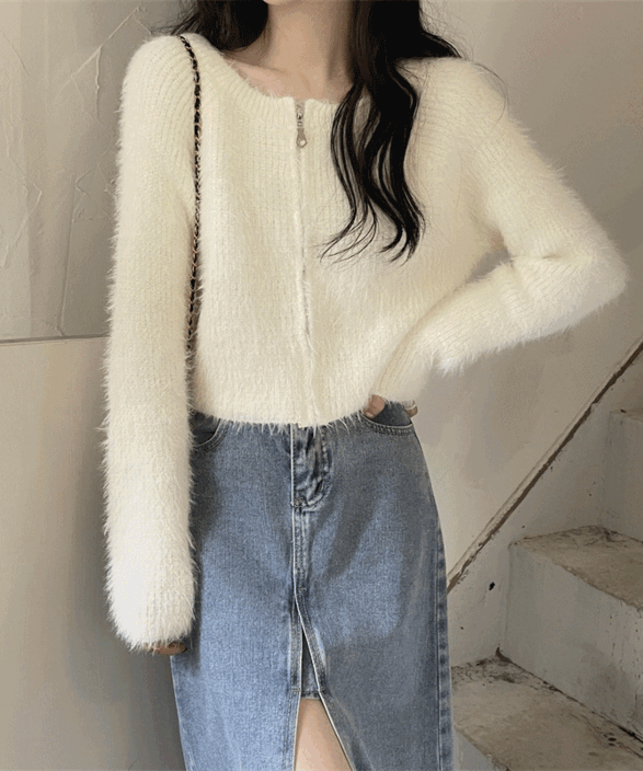 [5color] 밍크 라운드넥 숏 긴팔 스웨터 니트 집업