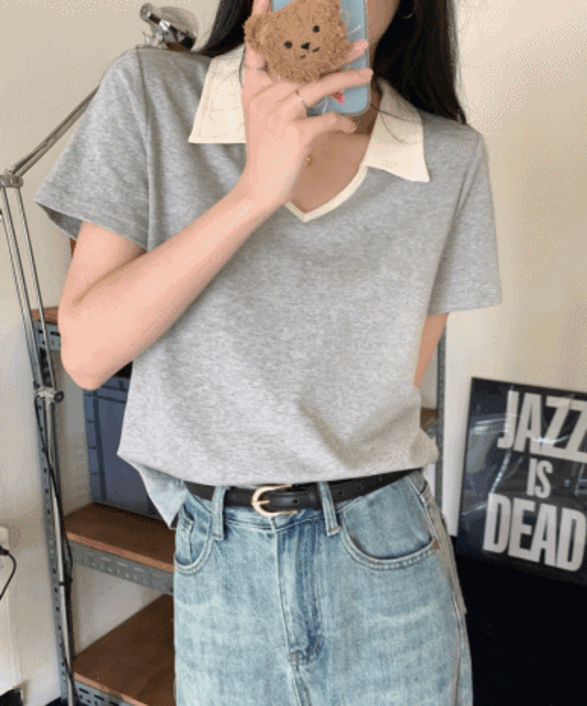 [캐주얼룩!] 배색 카라 브이넥 루즈핏 반팔 티셔츠