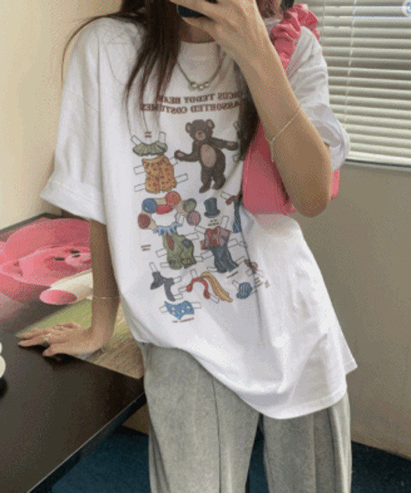 [귀여워!/박스티] 테디베어 프린팅 오버핏 티셔츠 2color