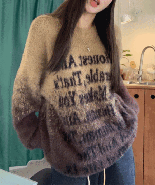 [루즈핏!/2col] 앙고라 레터링 투톤 그라데이션 긴팔 스웨터 니트