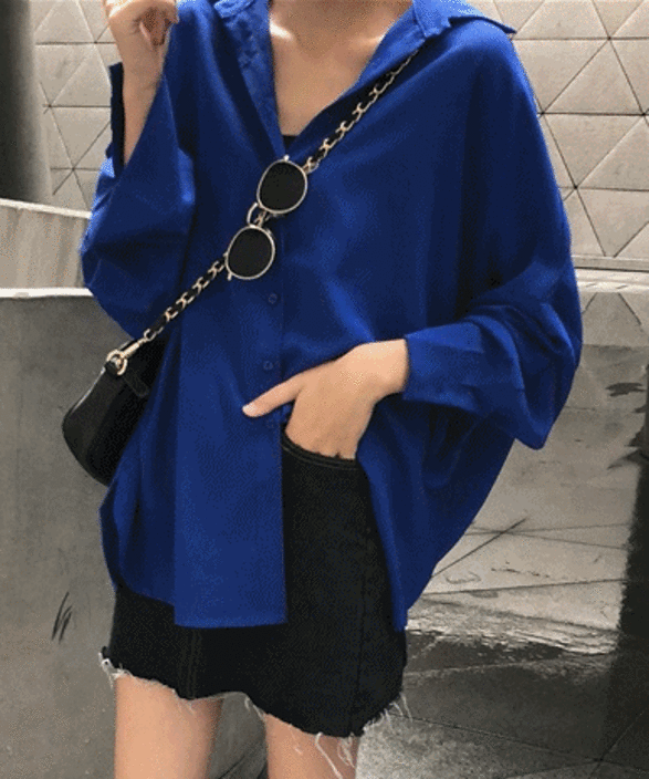 와인 슬림 루즈핏 무지 블루 카라 셔츠