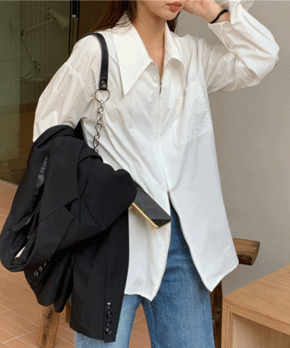 [데일리강추!/꾸안꾸룩!] 여리 루즈핏 투웨이 지퍼 포인트 넥카라 셔츠_2color