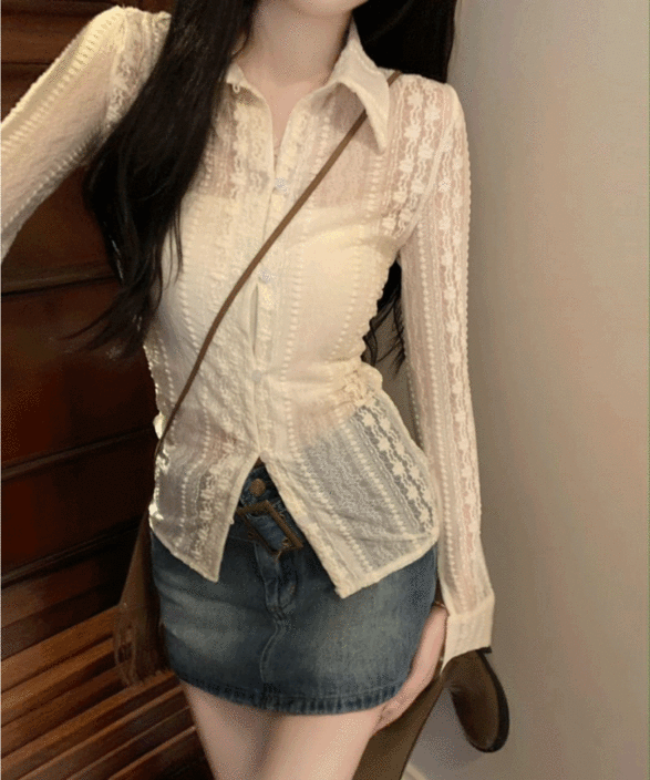 [빈티지/너무예뻐] 시스루 레이스 슬림핏 카라 긴팔 셔츠