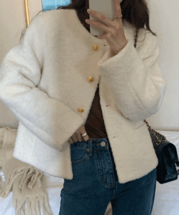 [겨울신상/따뜻] 뽀글 노카라 금장 버튼 포켓 자켓 2color