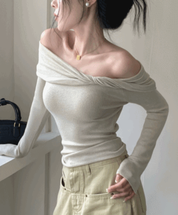 [분위기여신!] 셔링 꼬임 오프숄더 긴팔 티셔츠 3color