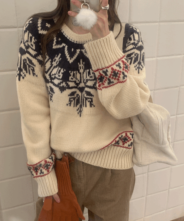 [도톰!/연말룩!] 스노우 플레이크 루즈핏 니트 스웨터 2color