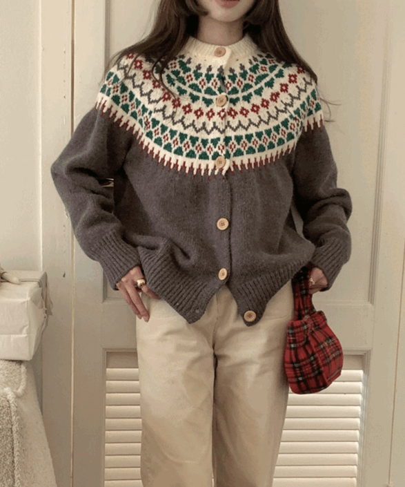 [루즈한핏!] 니치팝 자카드 라운드넥 니트 스웨터 가디건 3color