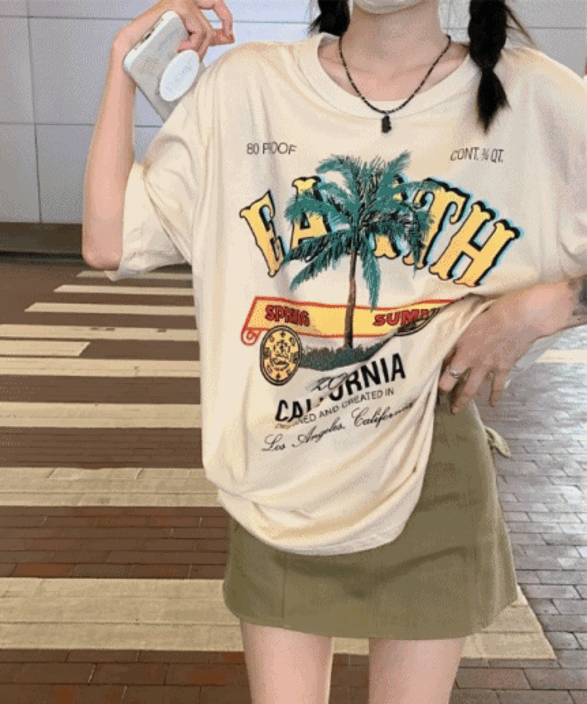 [데일리!/편한핏!] 캘리포니아 프린팅 루즈핏 라운드넥 반팔 티셔츠
